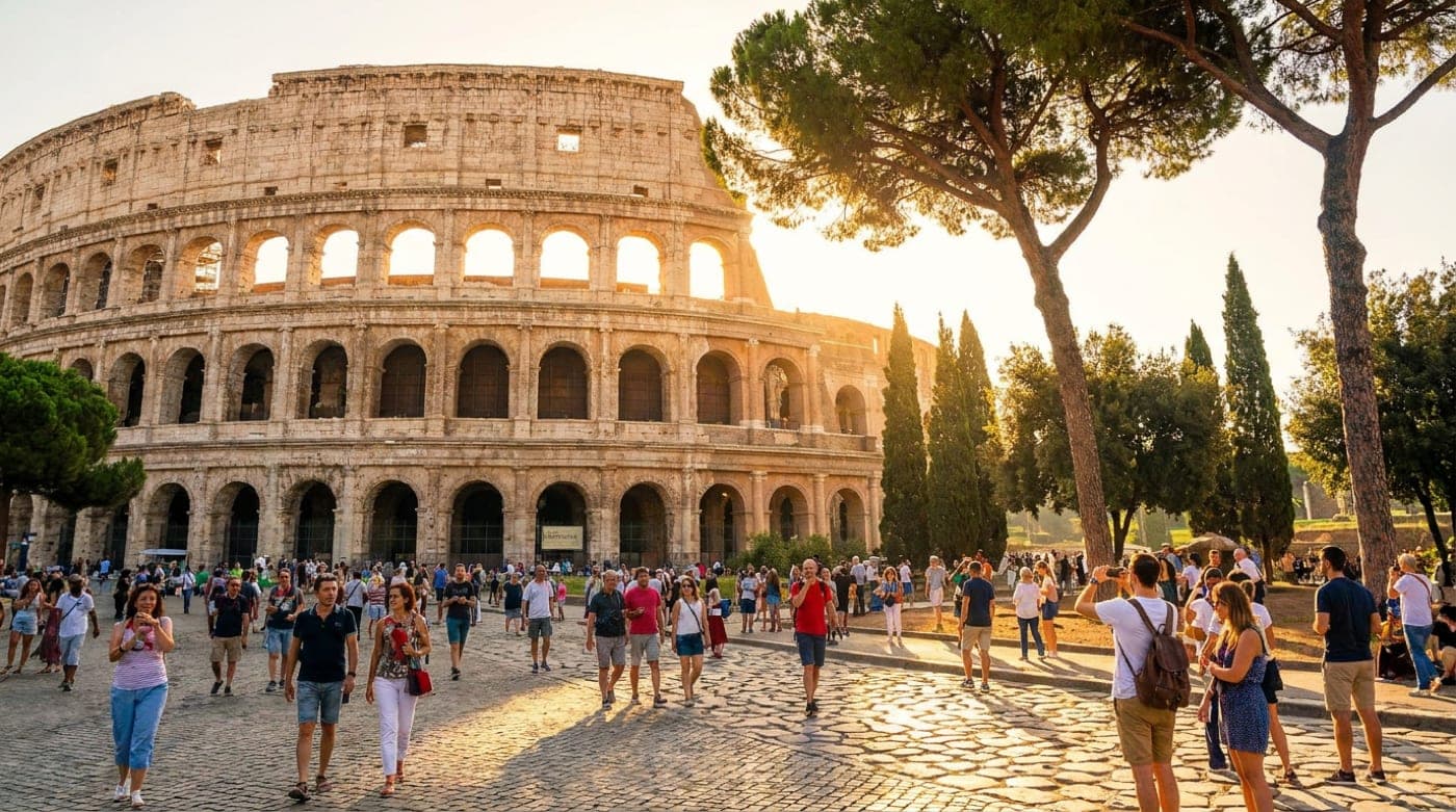 Ancient Roman Colosseum exterior in warm morning light with tourists walking near the arches