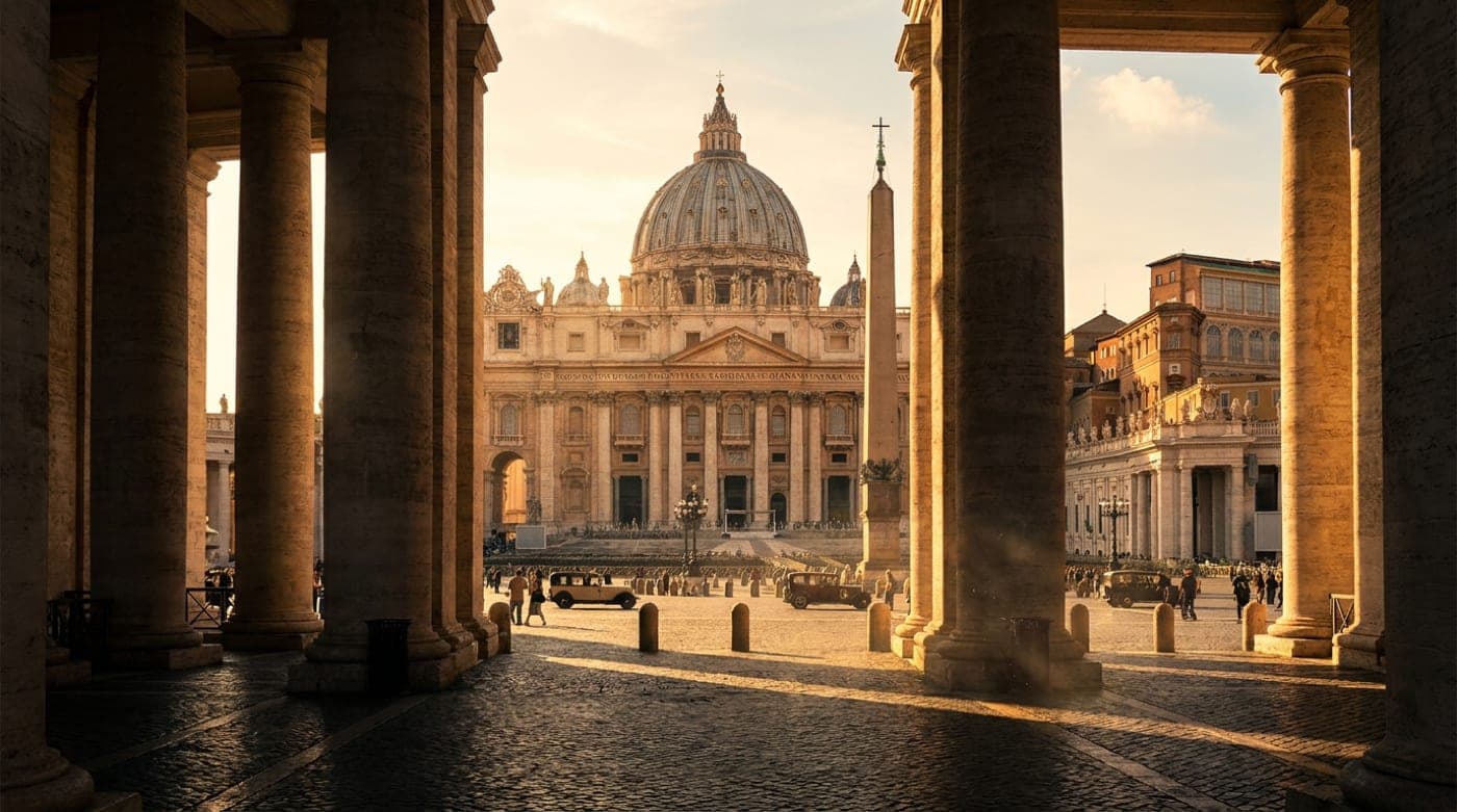 St. Peter's Basilica dome and square viewed from the colonnade at golden hour
