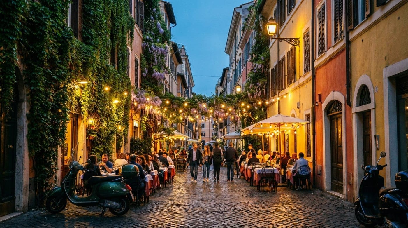 Narrow cobblestone street in Trastevere at dusk with ivy-covered facades and warm cafe lights