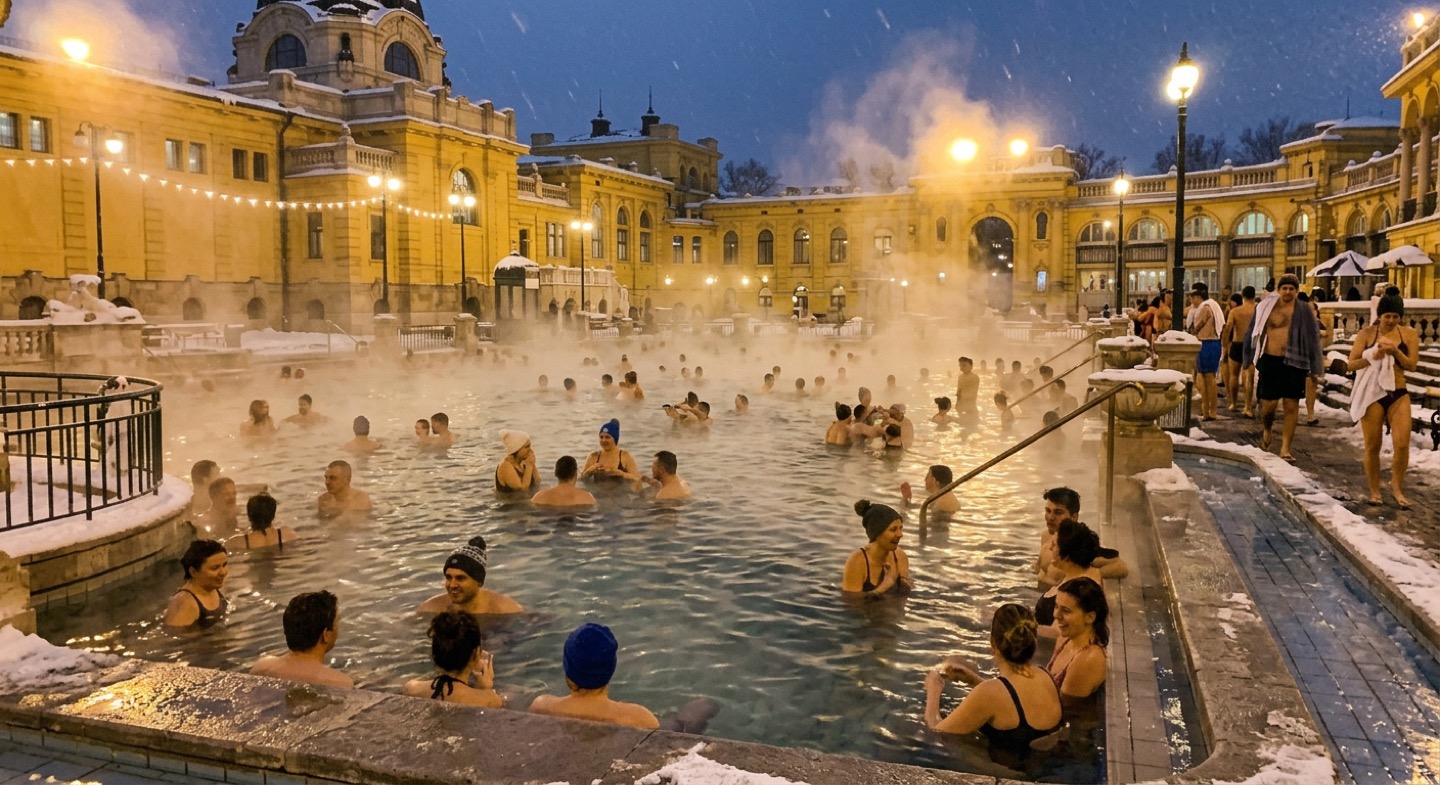 В купальнях Будапешта я растаяла в тёплой воде под падающим снегом