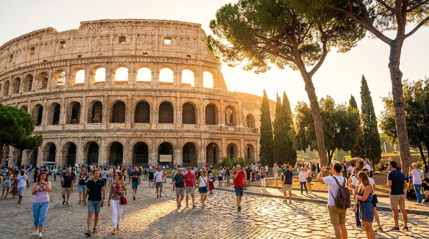 Ancient Roman Colosseum exterior in warm morning light with tourists walking near the arches